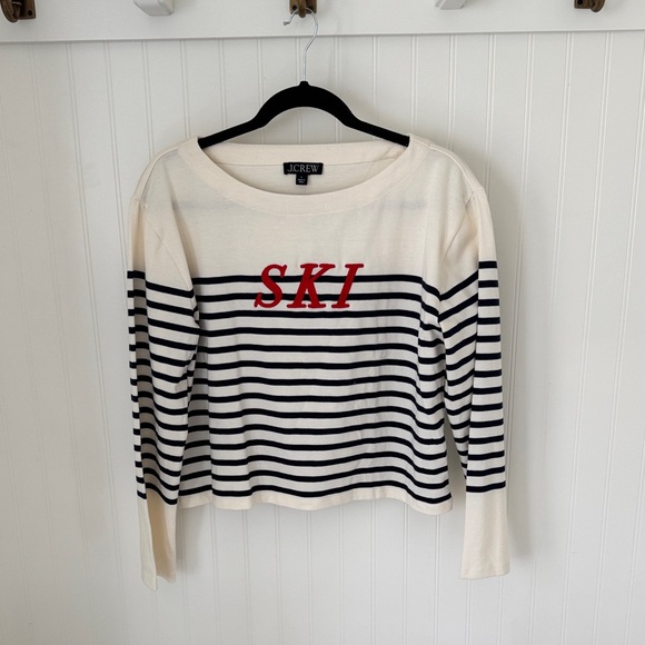 J. Crew Tops - NWT 100% Cotton J. Crew Cream and Black Striped Long Sleeve Top with Red 'SKI'